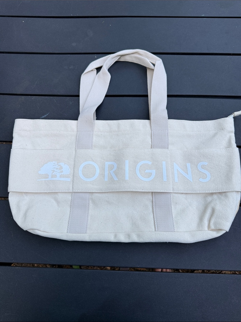 Origins Beige Canvas Tote with White Logo